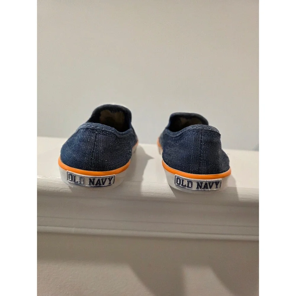 Kid's sz 11 Old Navy Blue Denim Checkerboard Slip On Sneakers Orange Trim Summer